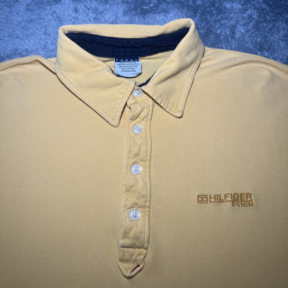 VTG Tommy Hilfiger Jeans Embroidered Denim Polo Yellow Shirt SZ L Short Sleeve - Picture 1 of 16